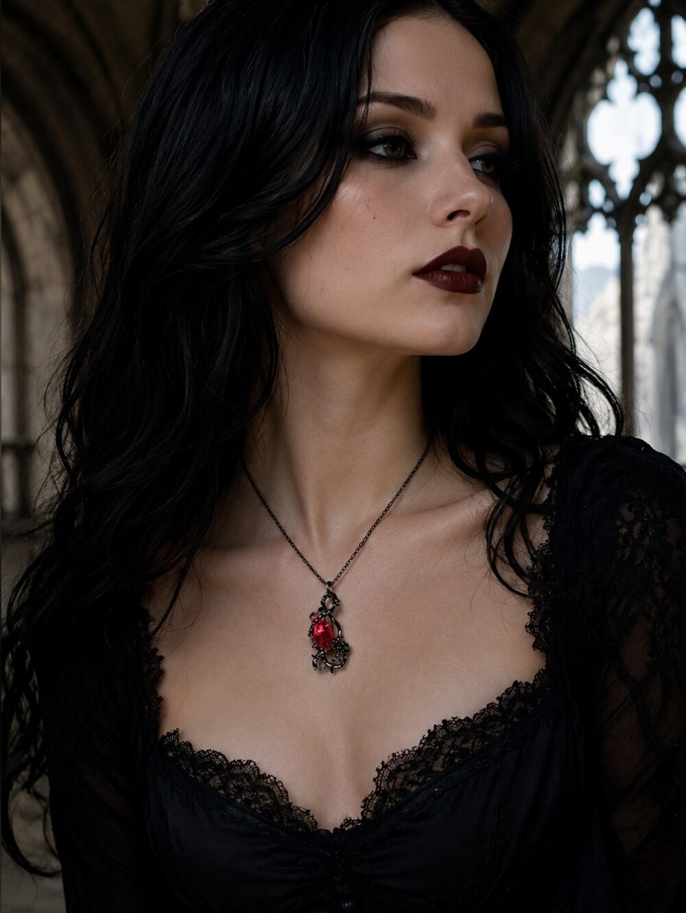 Gothic Anatomical Heart Necklace Black Thorn Vine Pendant Red Crystal Dark Roman